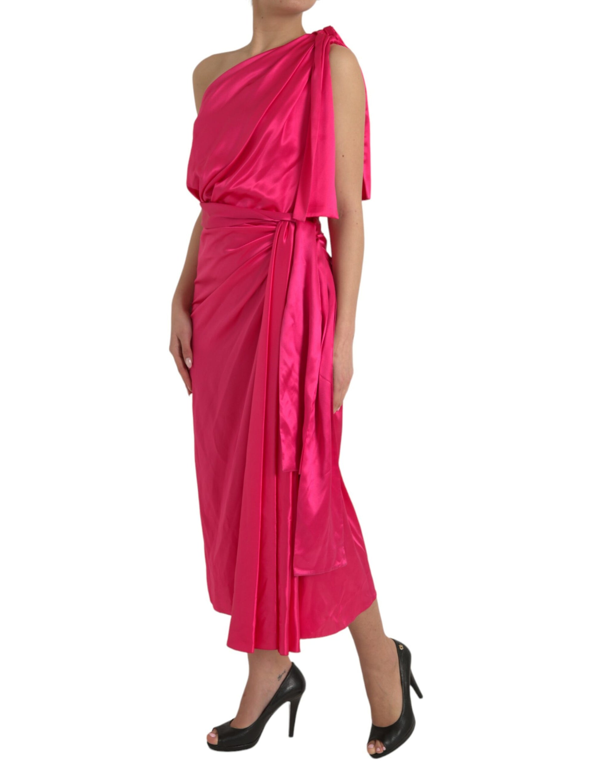 Elegant Fuchsia Silk One-Shoulder Wrap Dress