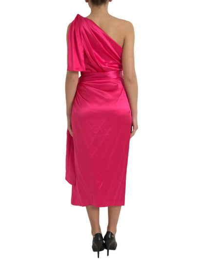 Elegant Fuchsia Silk One-Shoulder Wrap Dress