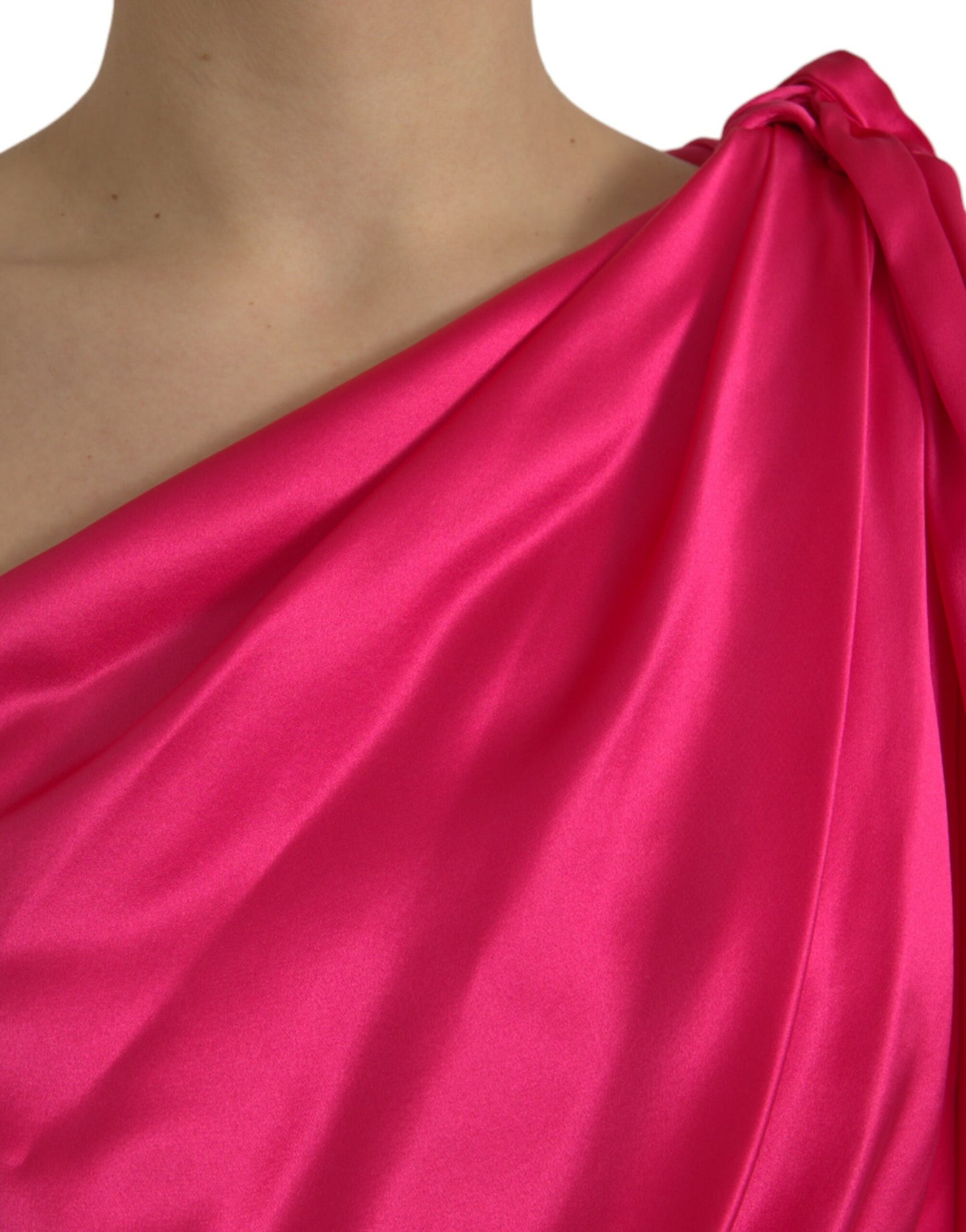 Elegant Fuchsia Silk One-Shoulder Wrap Dress