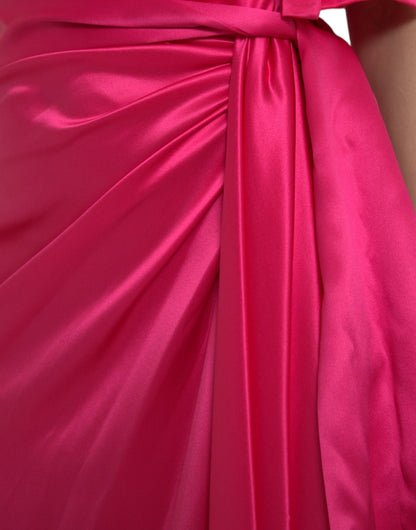 Elegant Fuchsia Silk One-Shoulder Wrap Dress