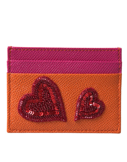 Pink Orange Heart Sequin Leather Logo Card Holder Wallet