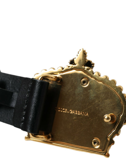 Black Leather Gold Crown Metal Buckle Belt