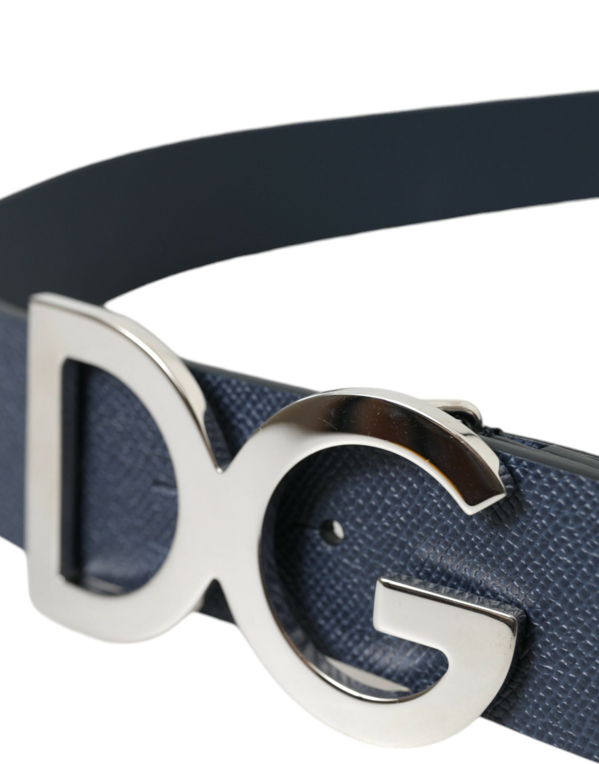 Blue Leather Silver Logo Metal Buckle Belt