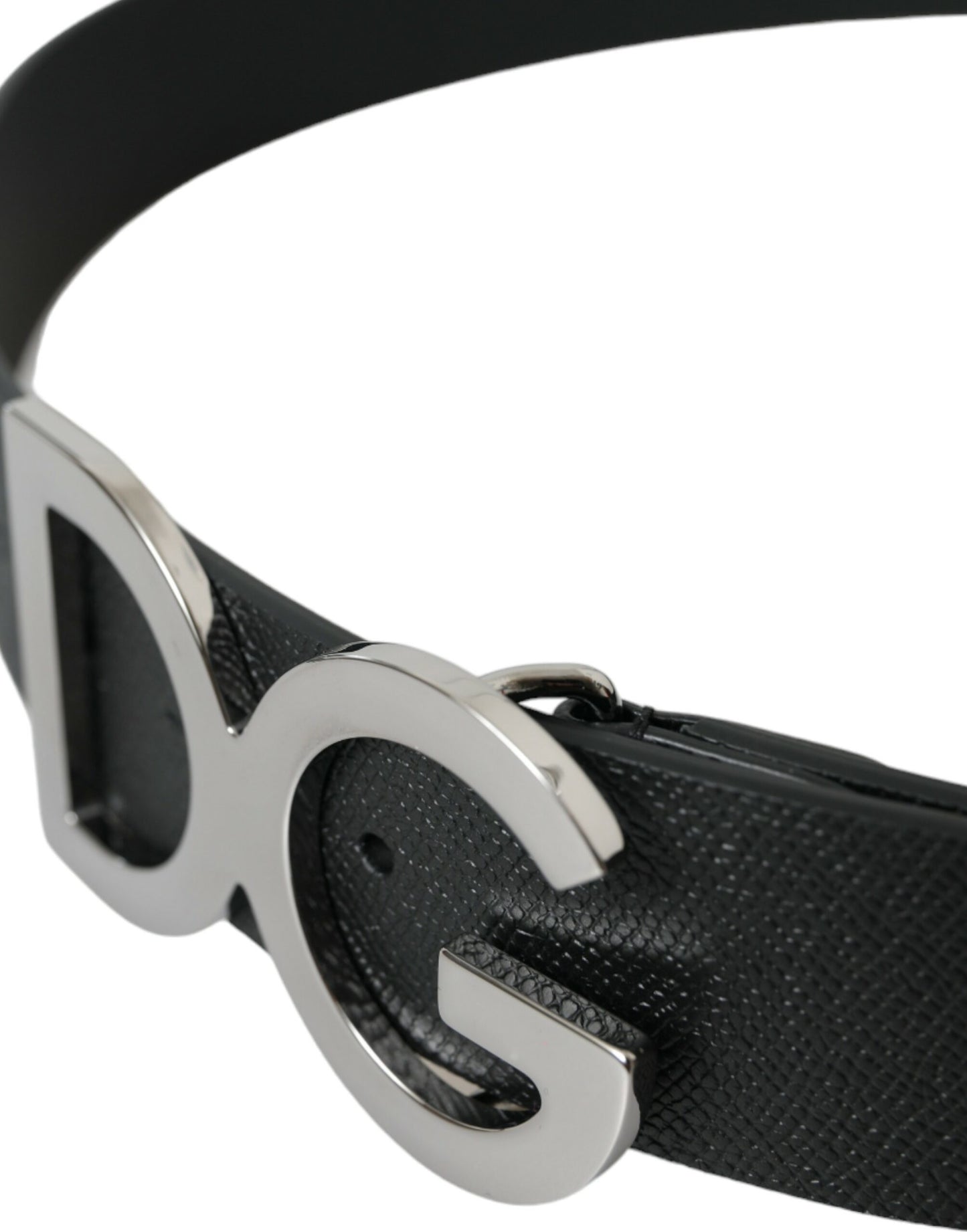 Black Leather Silver Logo Metal Buckle Belt