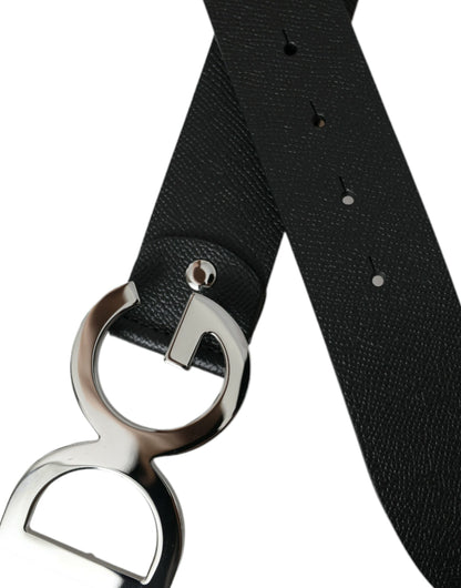 Black Leather Silver Logo Metal Buckle Belt