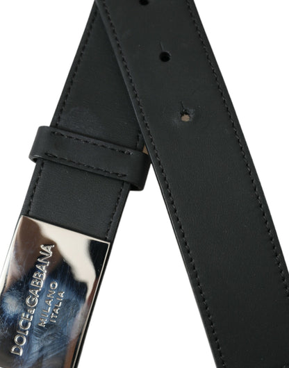 Black Leather Silver Logo Metal Buckle Belt