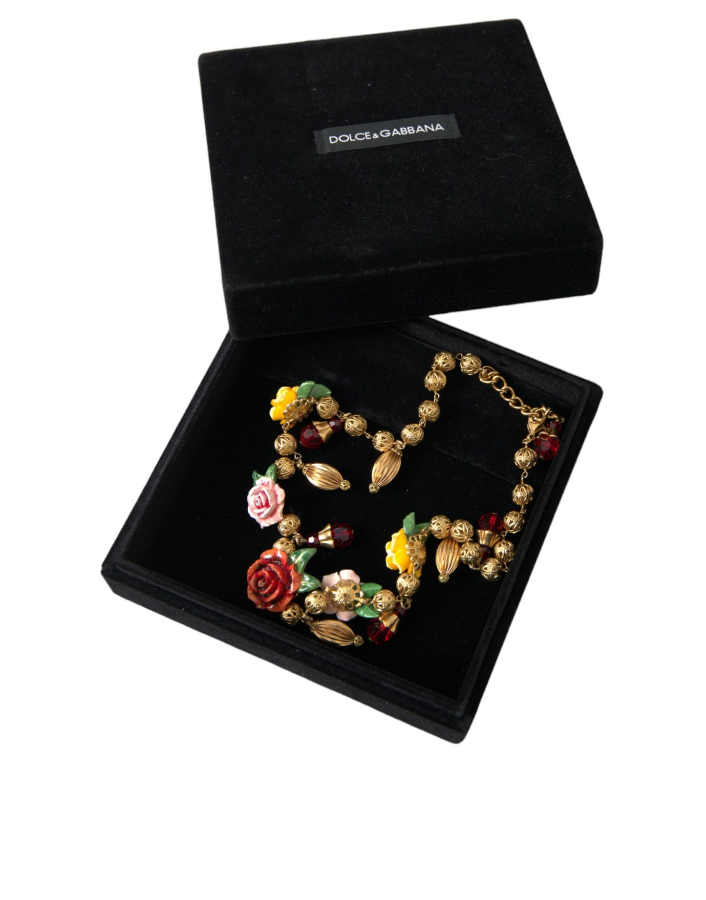 Multicolor Roses Crystals Gold Ball Chain Necklace