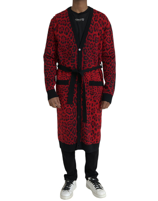 Red Leopard Wool Robe Belted Cardigan Sweater