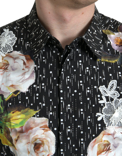 Black Floral Men Formal Dress GOLD Shirt