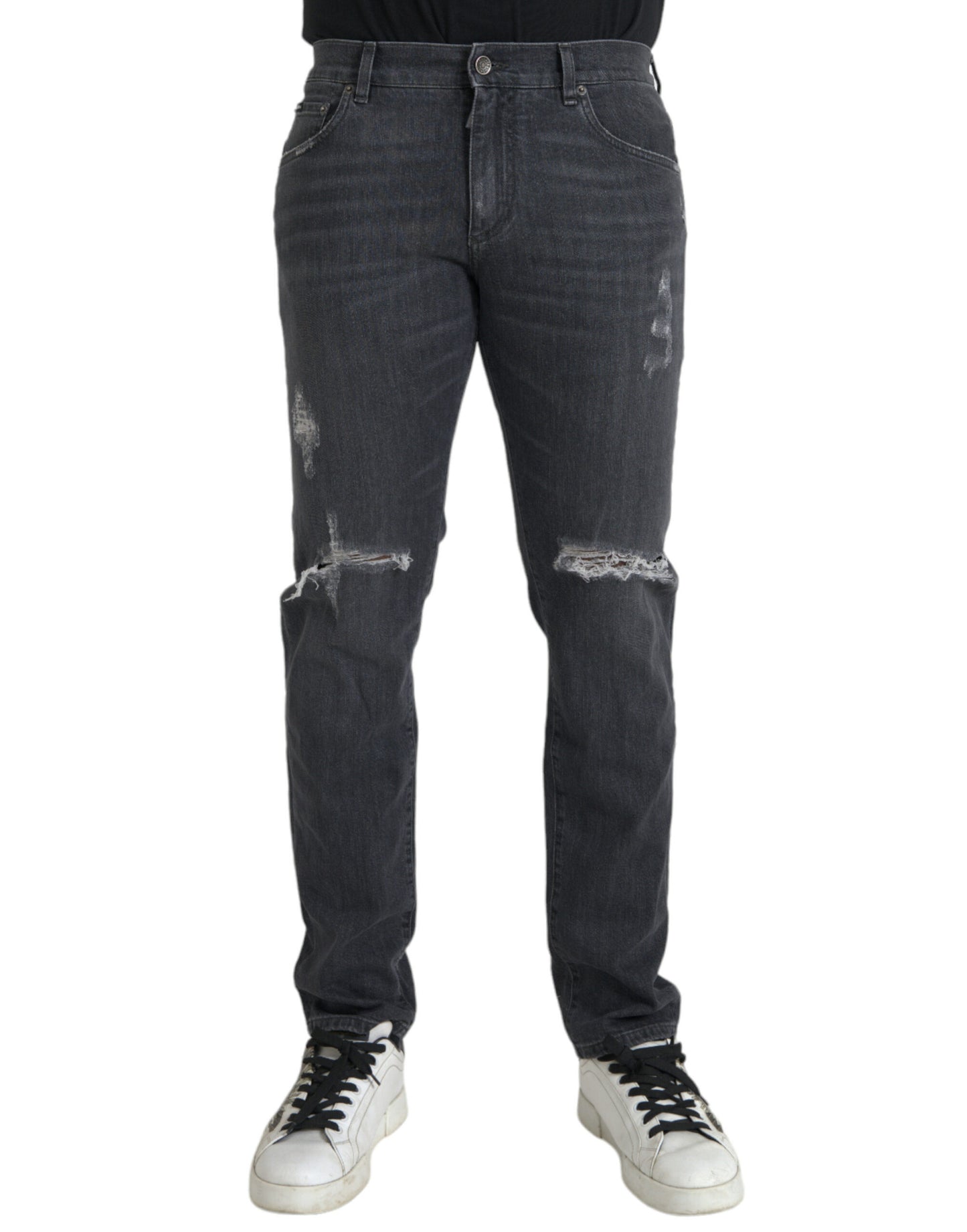 Gray Slim Fit Logo Plaque Cotton Denim Jeans