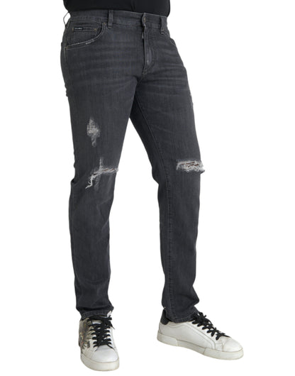 Gray Slim Fit Logo Plaque Cotton Denim Jeans