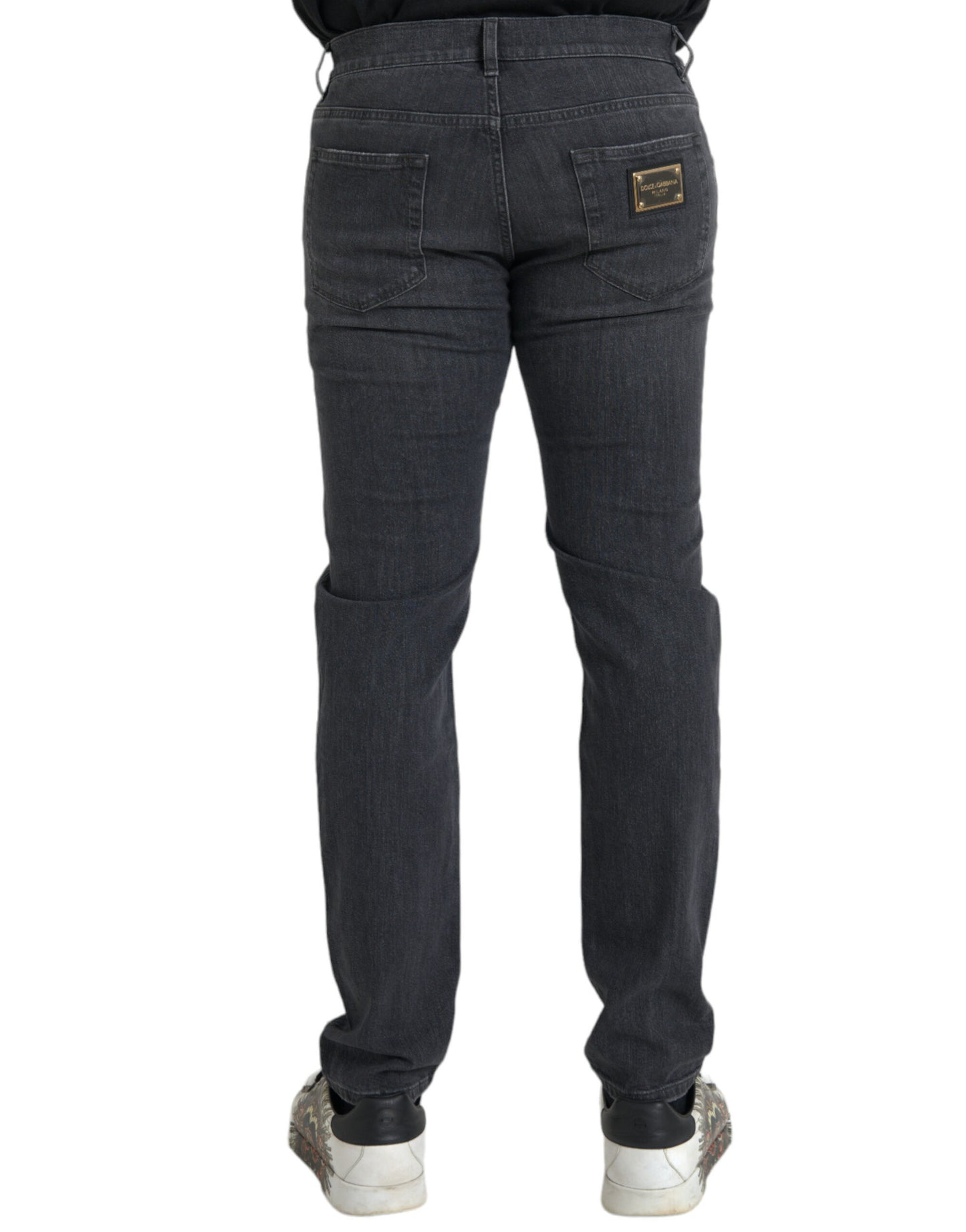 Gray Slim Fit Logo Plaque Cotton Denim Jeans