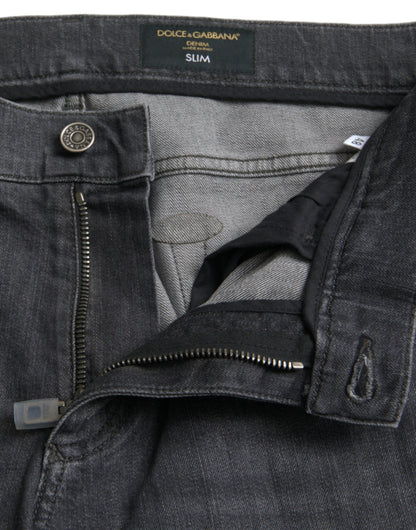 Gray Slim Fit Logo Plaque Cotton Denim Jeans