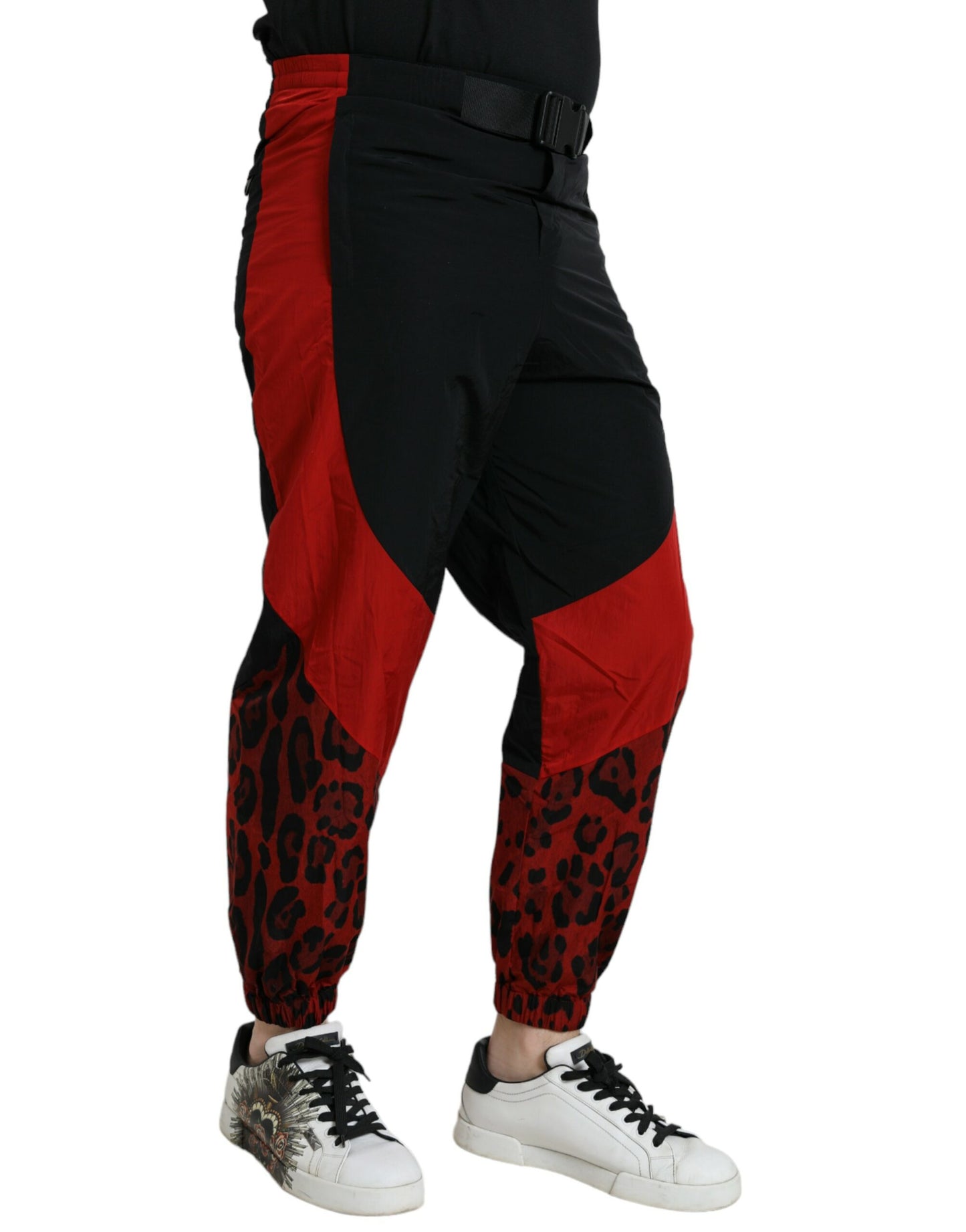 Black Red Leopard Print Nylon Jogger Pants