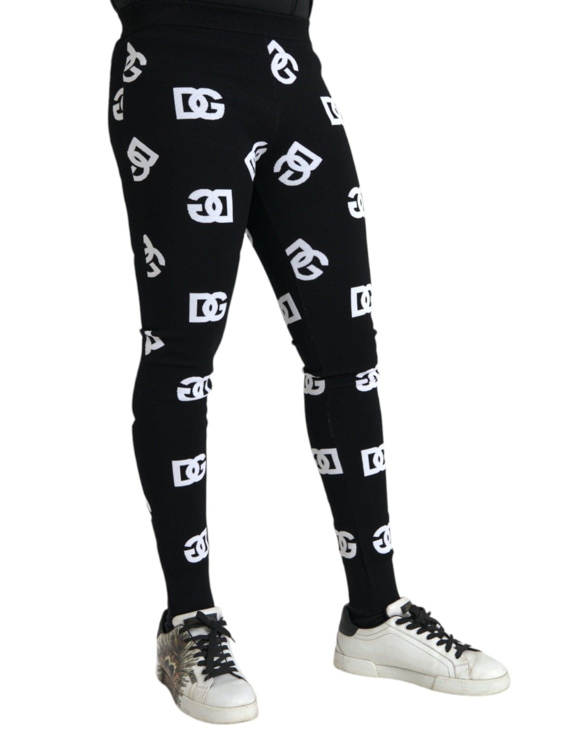 Black Viscose Skinny Men Leggings Logo Print Pants