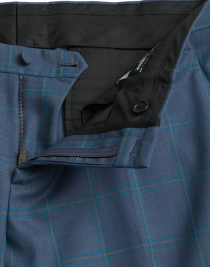 Blue Checkered Wool Men Dress Pants