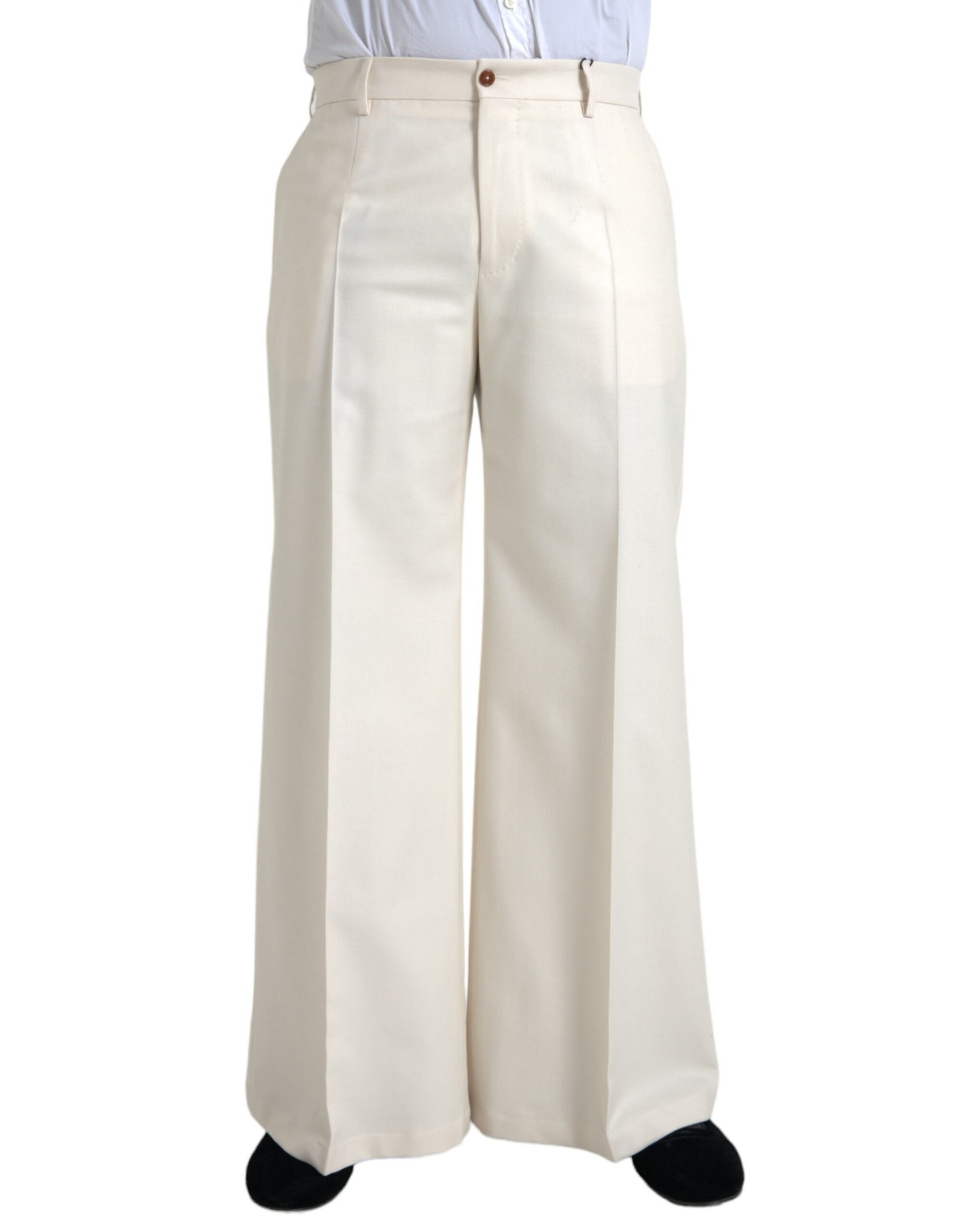 White Wool Wide Leg Mid Waist Pants