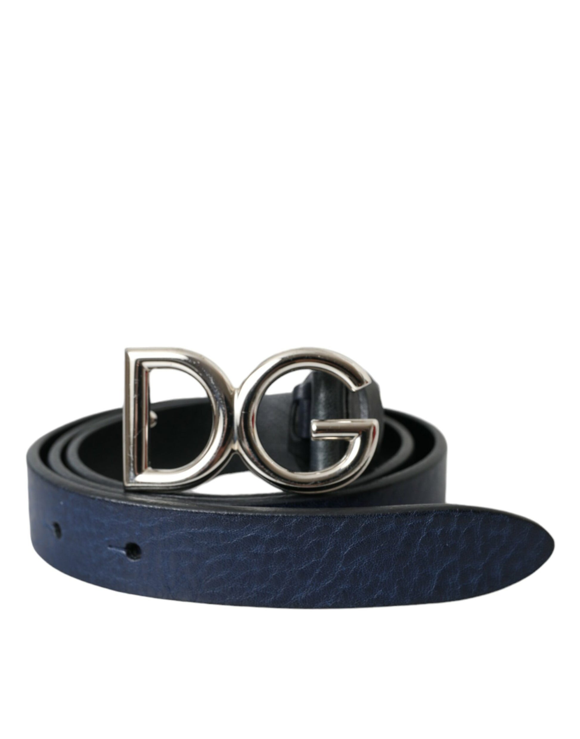 Blue Leather Silver Metal Logo Buckle Belt Men