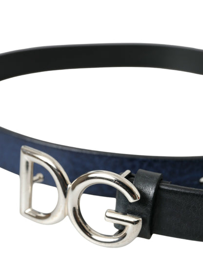 Blue Leather Silver Metal Logo Buckle Belt Men