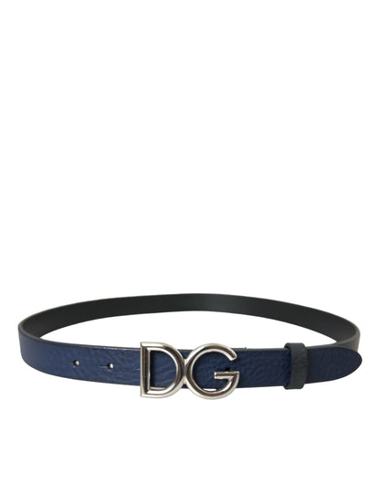 Blue Leather Silver Metal Logo Buckle Belt Men