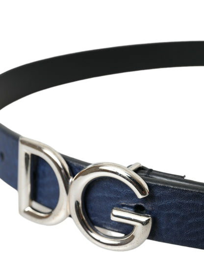 Blue Leather Silver Metal Logo Buckle Belt Men