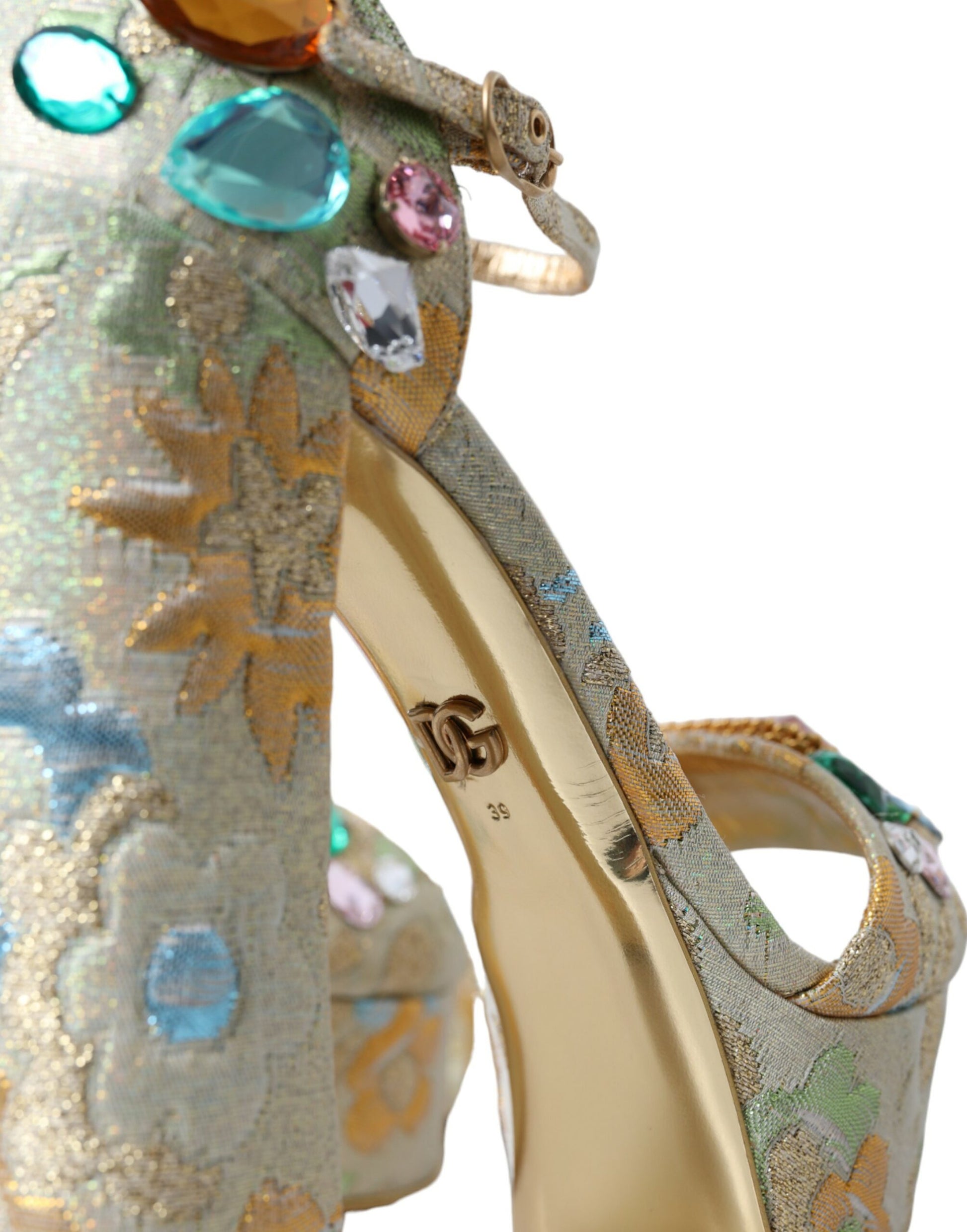 Gold Floral Jacquard Crystal Sandals Shoes