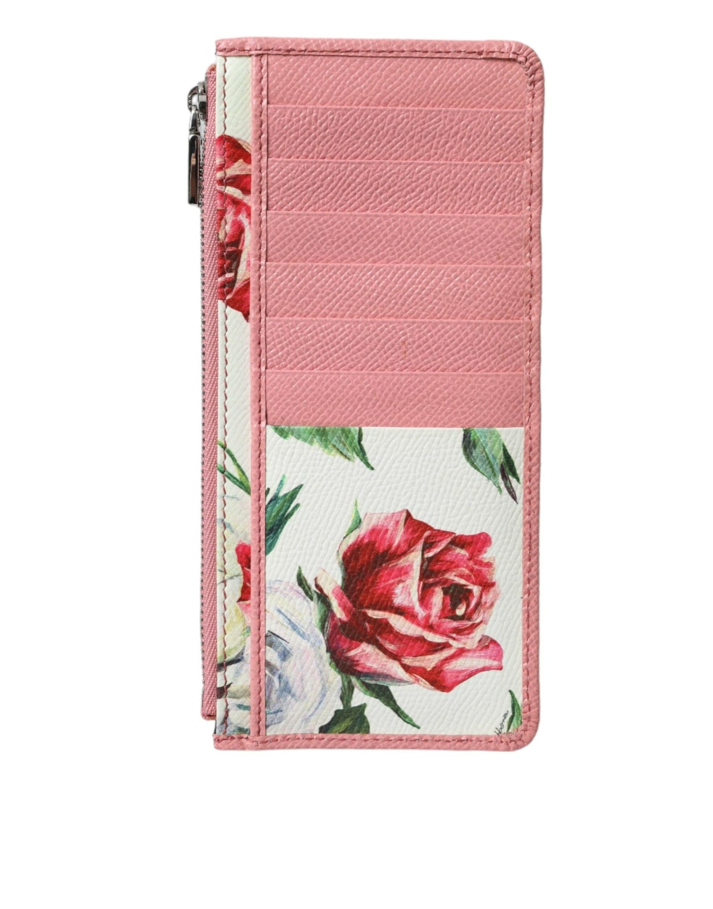 Pink Floral Leather DG Logo Zip Card Holder Women Wallet