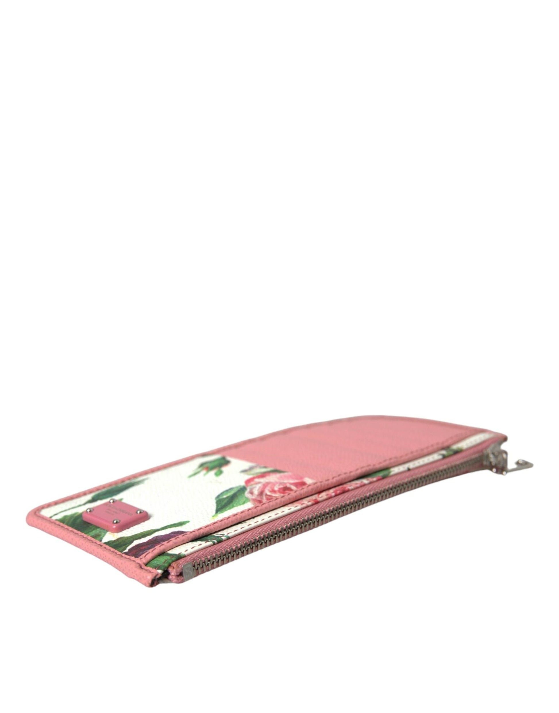 Pink Floral Leather DG Logo Zip Card Holder Women Wallet