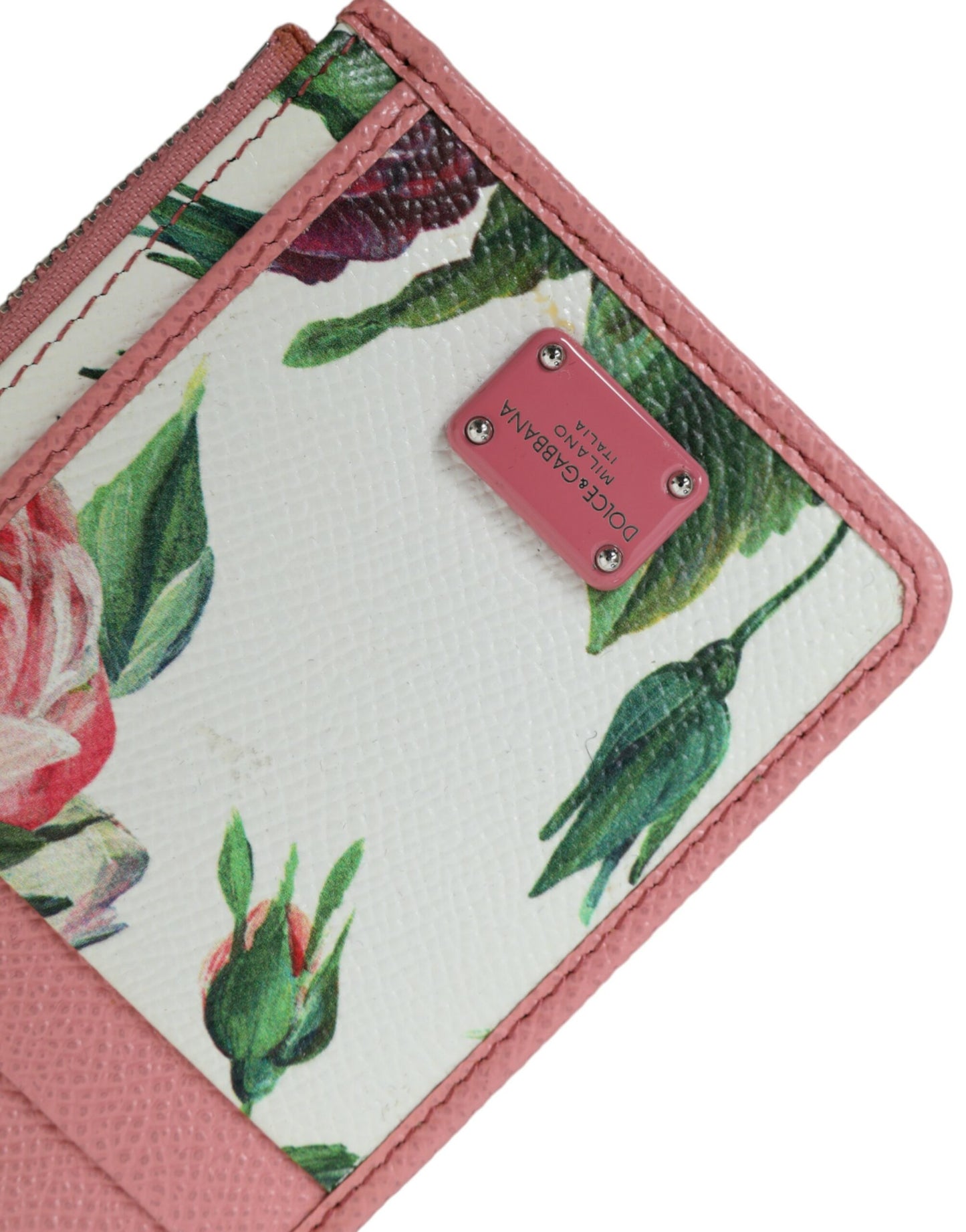 Pink Floral Leather DG Logo Zip Card Holder Women Wallet