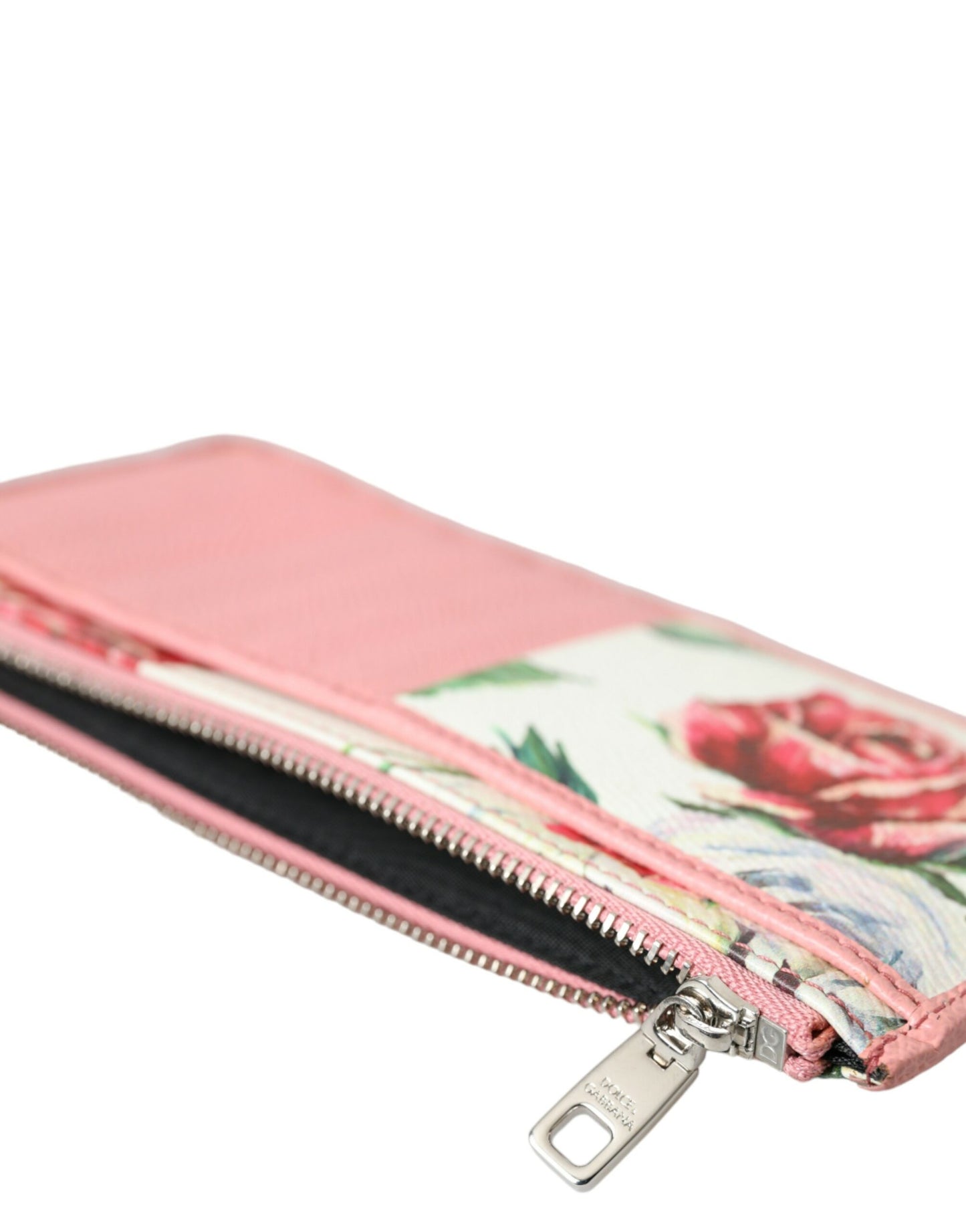 Pink Floral Leather DG Logo Zip Card Holder Women Wallet