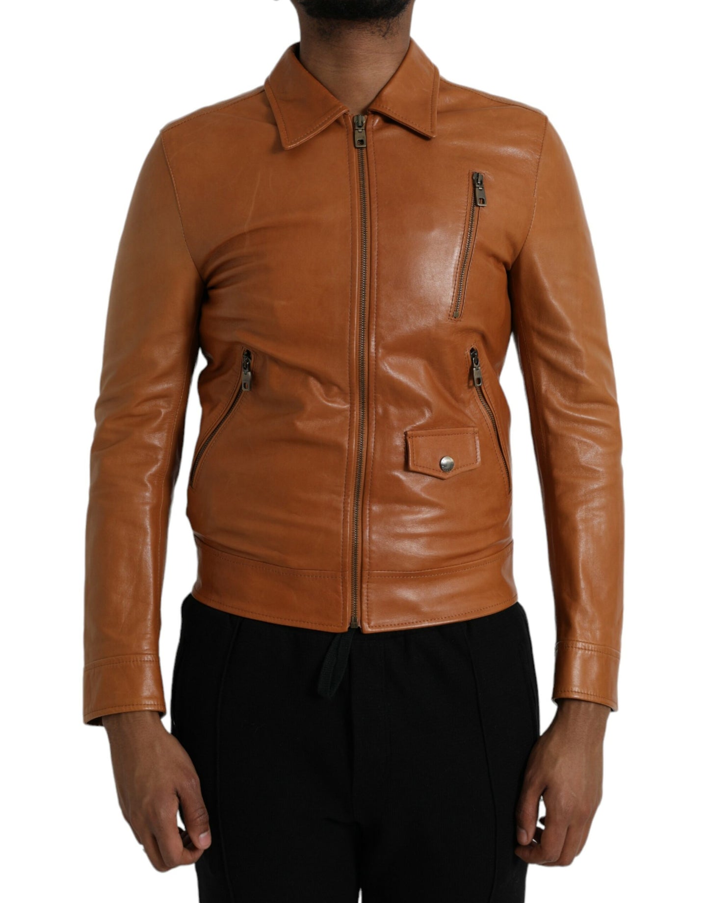 Brown Lamb Leather Full Zip Blouson Jacket