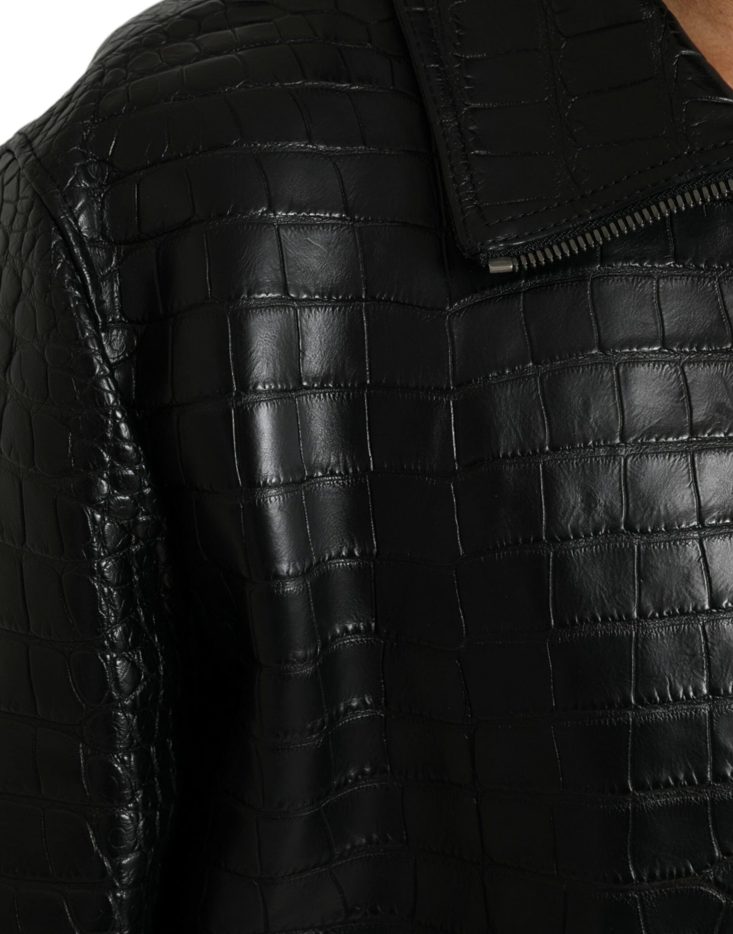 Black Exotic Leather Full Zip Jacket