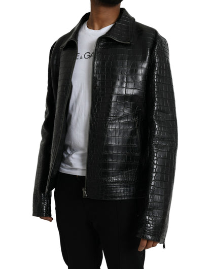 Black Exotic Leather Full Zip Jacket