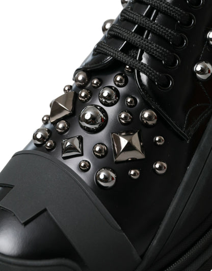 Black Leather Studded Trekking Sneakers Shoes