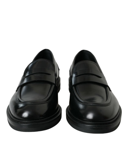 Black Leather Flat Slip On Loafers Shoes