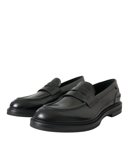 Black Leather Flat Slip On Loafers Shoes