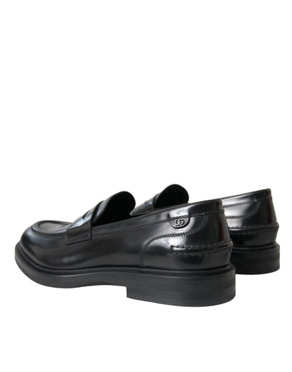 Black Leather Flat Slip On Loafers Shoes