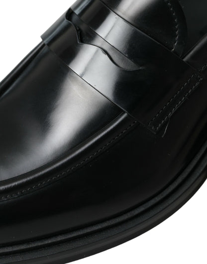 Black Leather Flat Slip On Loafers Shoes