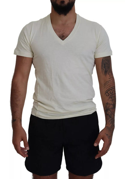 Off White Cotton Short Sleeves V-neck T-shirt