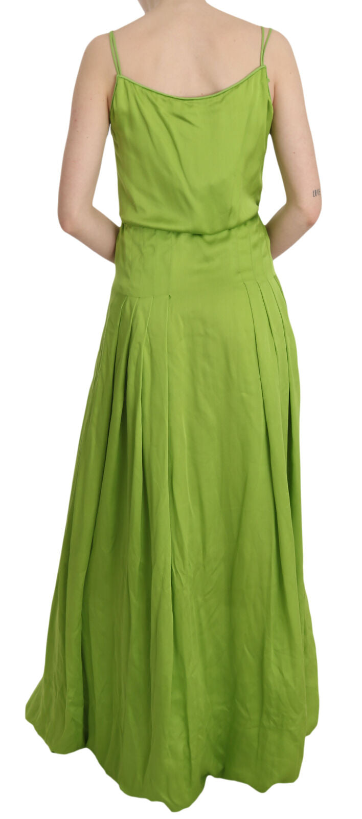 Green Spaghetti Strap Long A-line Pleated Dress