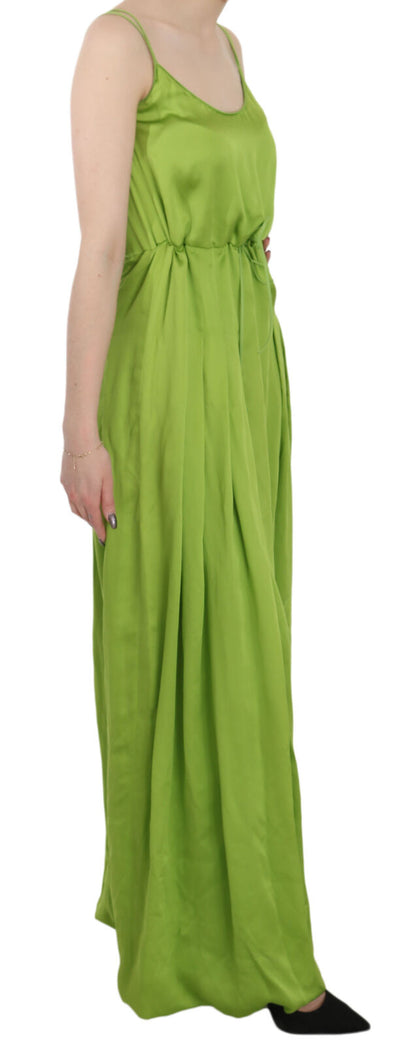 Green Spaghetti Strap Long A-line Pleated Dress