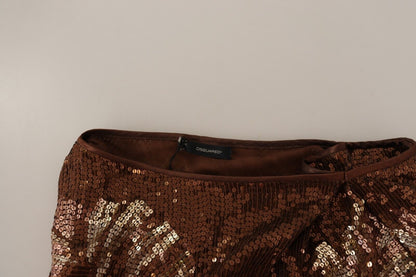 Brown Leaf Sequined Shift One Shoulder Long Dress