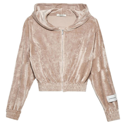 Beige Velvet Zip Hoodie Sweatshirt