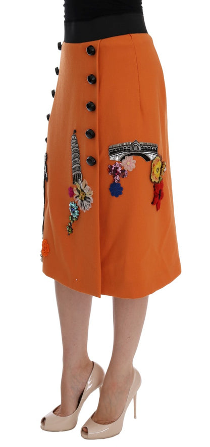 Embellished Wool Skirt in Vivid Orange