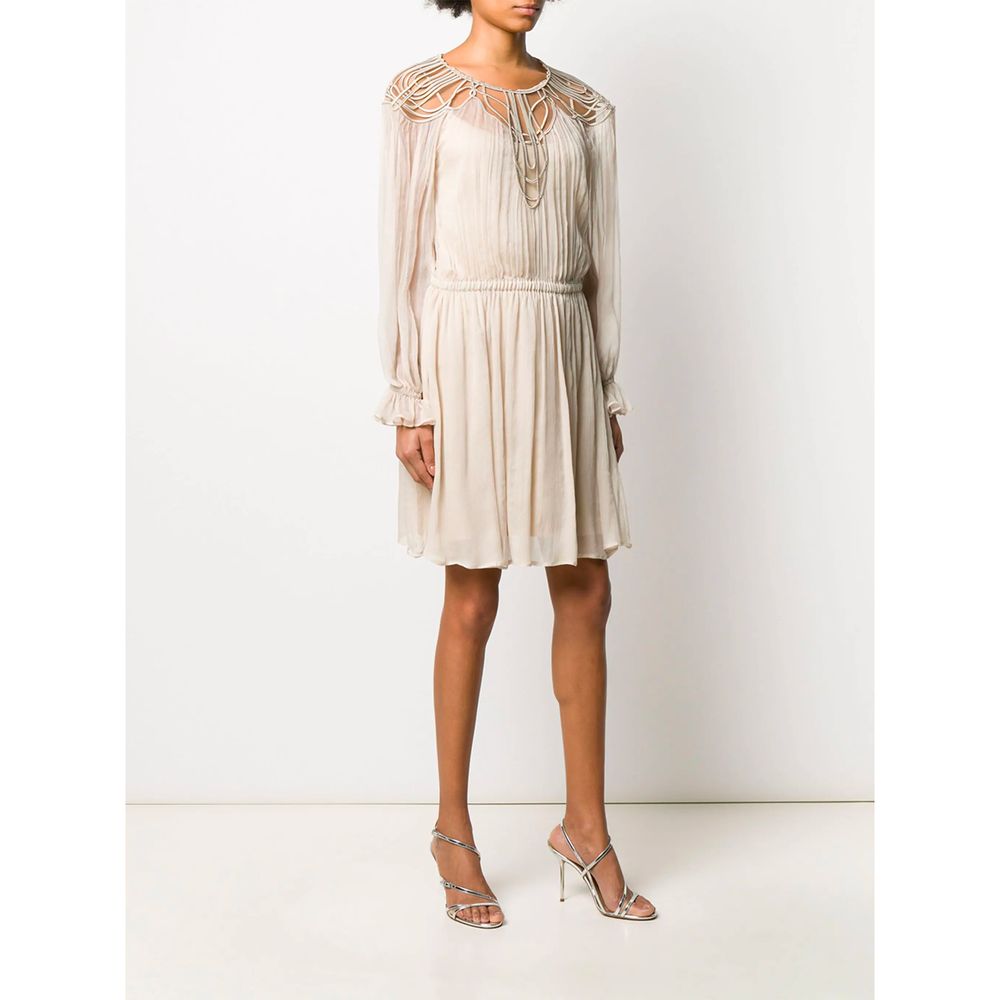 Elegant Beige Silk Panel Dress with Long Sleeves