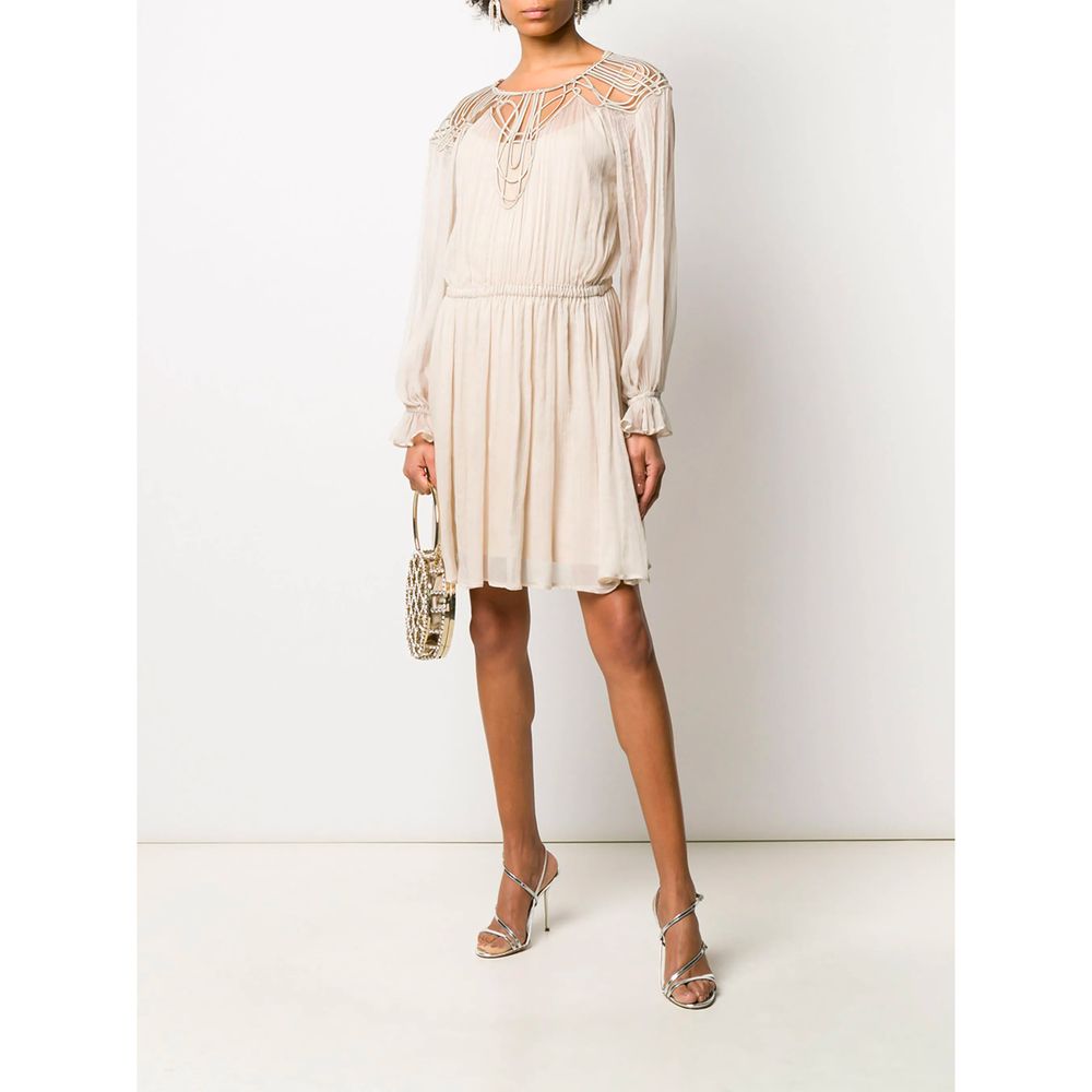 Elegant Beige Silk Panel Dress with Long Sleeves