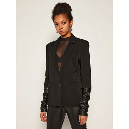 Elegant Two-Button Jacket with Faux Leather Trim