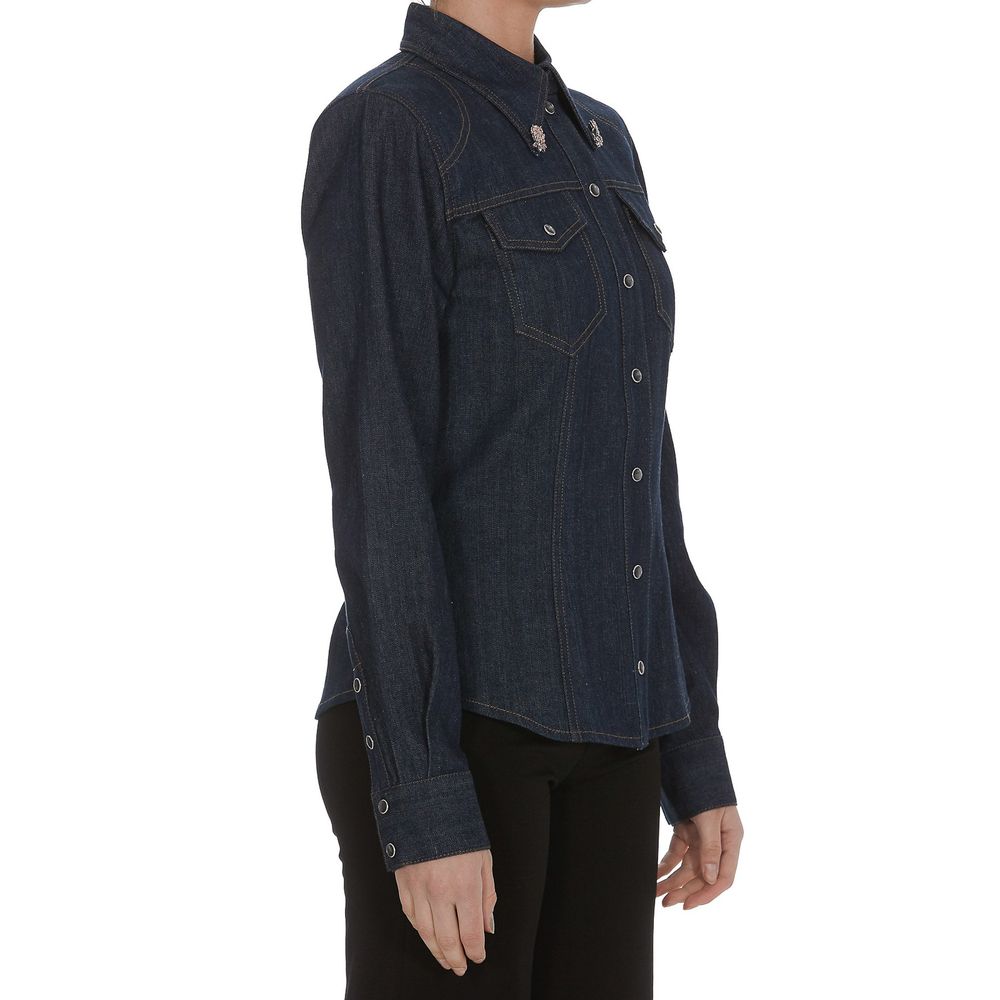 Elegant Blue Denim Rhinestone Collared Shirt