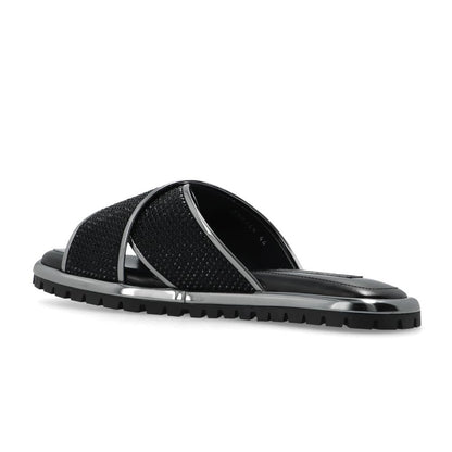 Black Zircon-Bedecked Leather Slippers