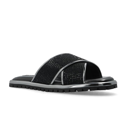 Black Zircon-Bedecked Leather Slippers